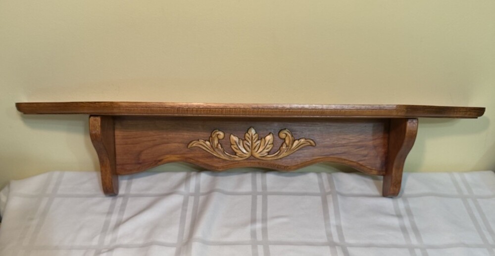 Vintage Red Oak Wood Wall Shelf 33" Display Mantel Carved Leaf Plate Groove